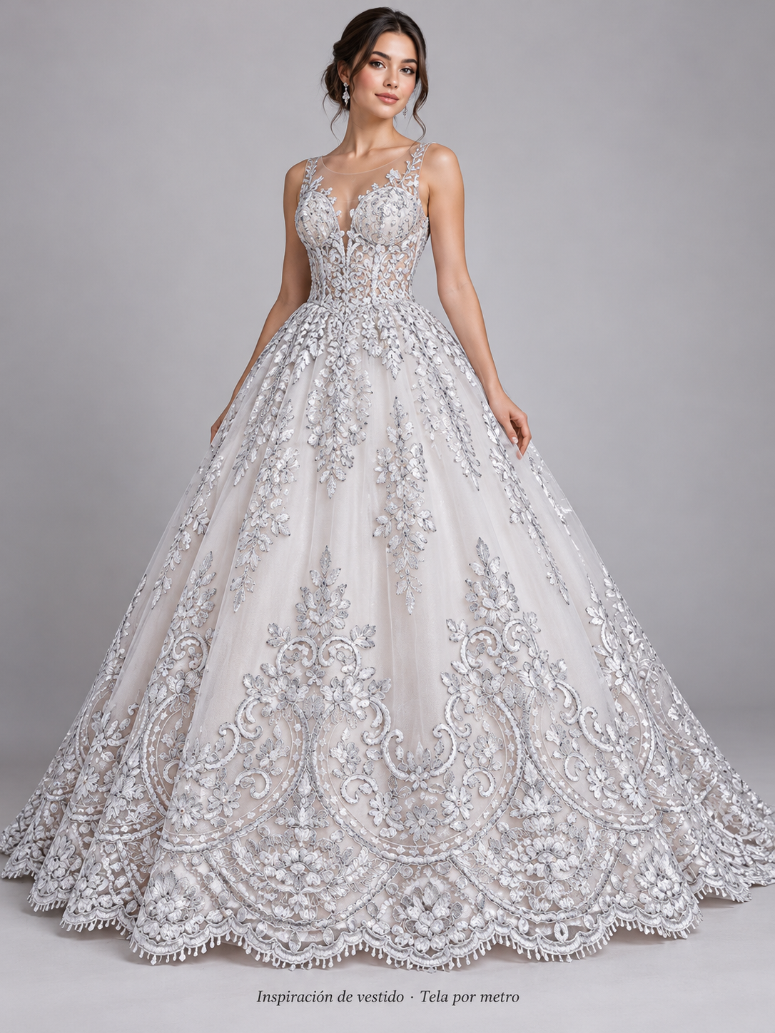 H130 blanco · Inspiración de vestido generada con IA. Se vende tela por metro.