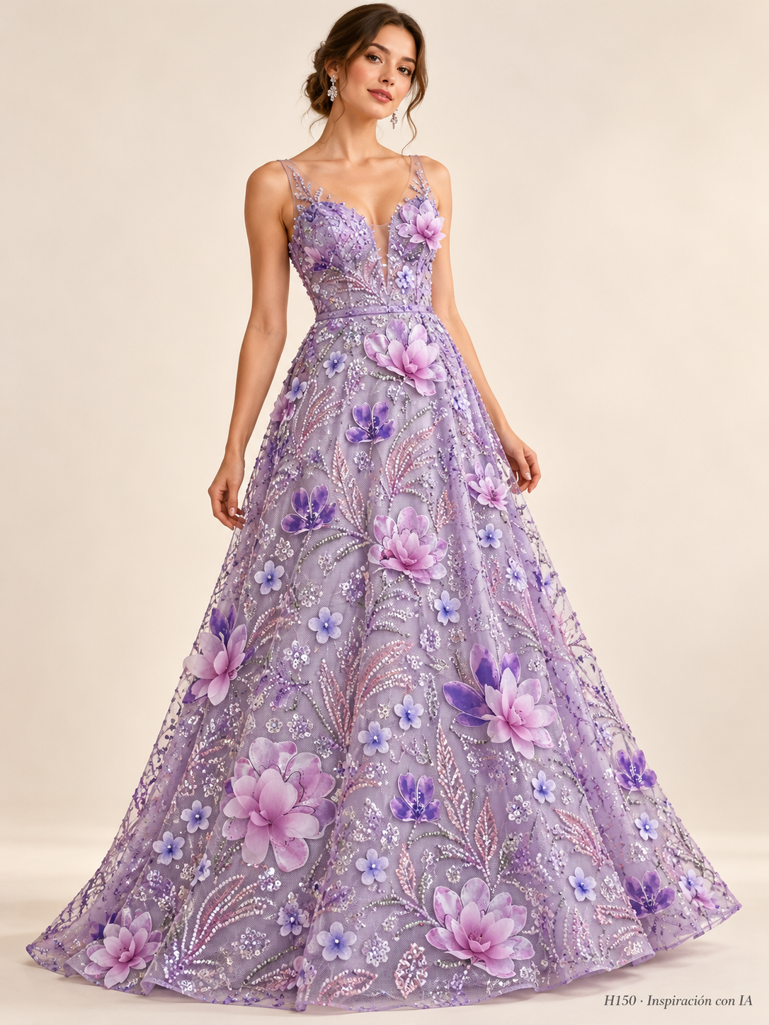 H150 Lila Morado · Inspiración con IA · 7738708230222. Ilustración de vestido basada en la fotografía de esta tela. Se vende tela por metro.