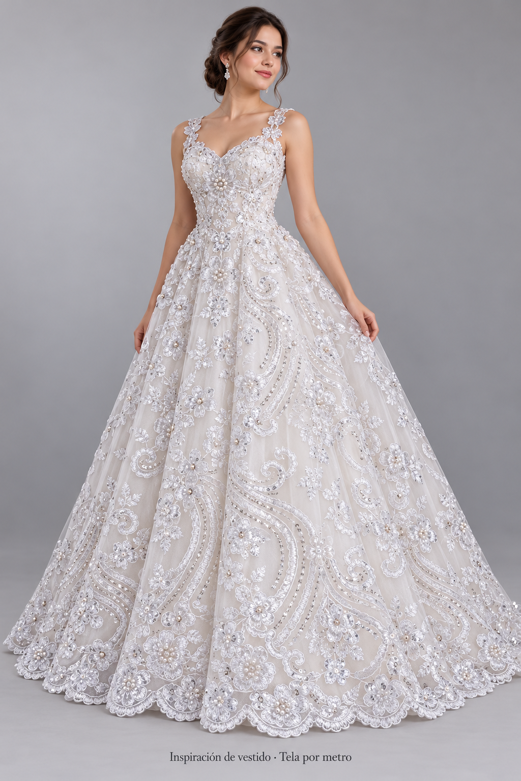 H156 blanco · Inspiración de vestido generada con IA. Se vende tela por metro.