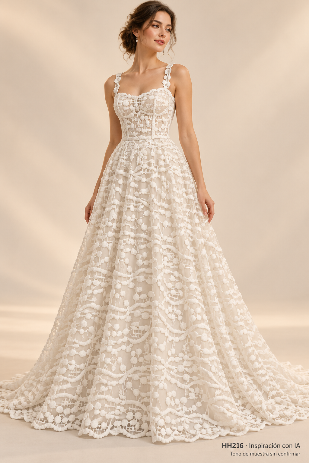 Vestido de inspiración con IA HH216; tono claro de muestra sin confirmar. No confirma el color de las variantes disponibles.