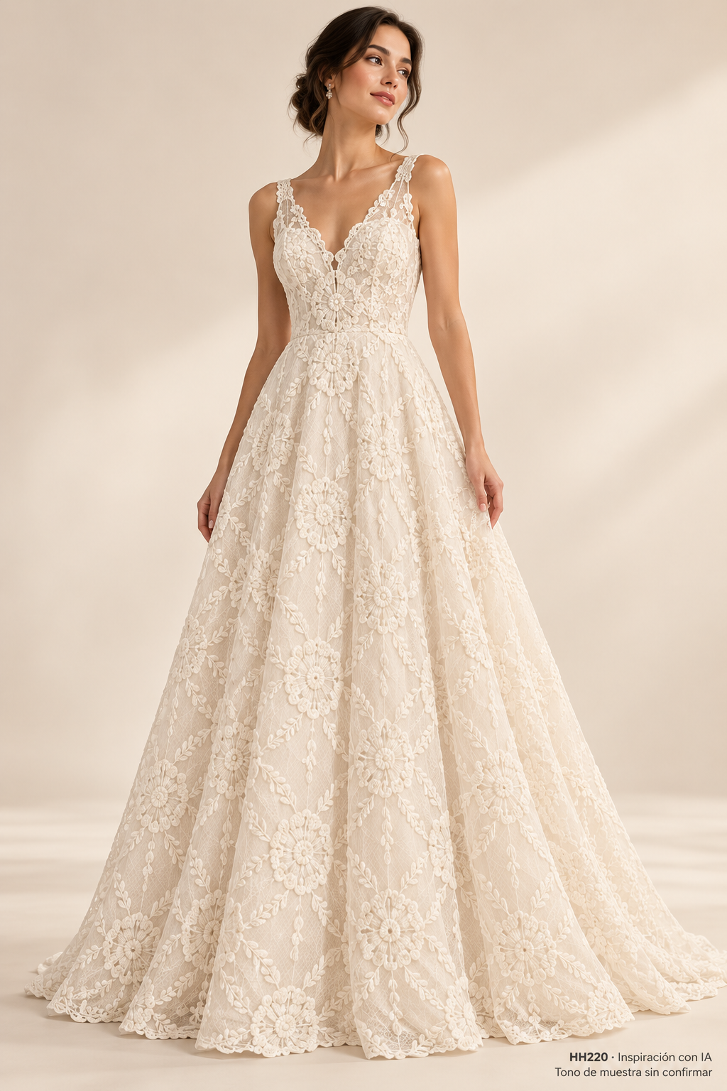 Vestido de inspiración con IA HH220; tono claro de muestra sin confirmar. No confirma el color de las variantes disponibles.
