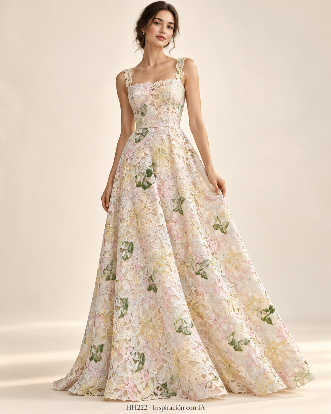 HH222: vestido de inspiración generado con IA basado en la muestra MULTI COLOR; diseño ilustrativo. Se vende tela por metro.