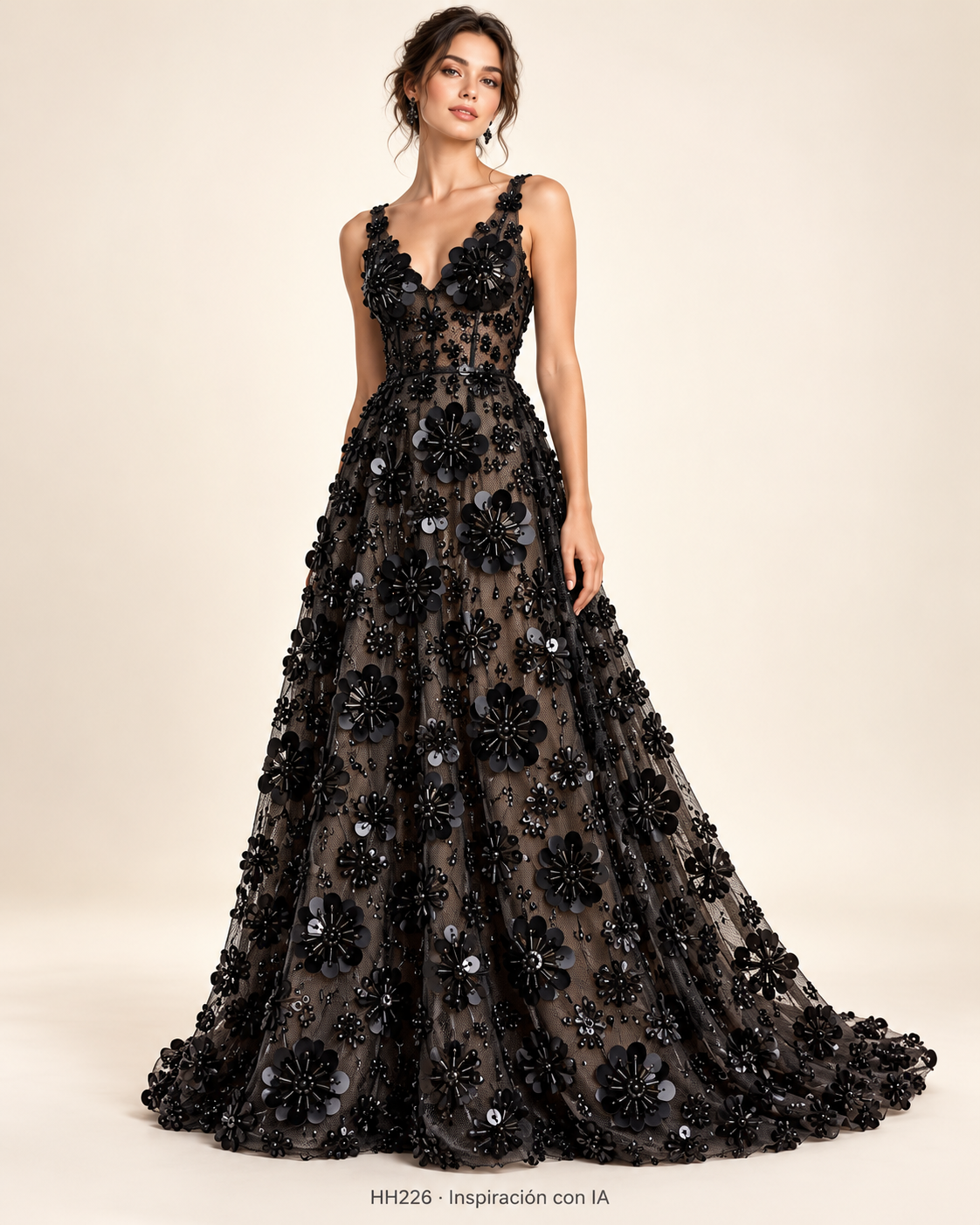 HH226: vestido de inspiración generado con IA basado en la muestra NEGRO; diseño ilustrativo. Se vende tela por metro.