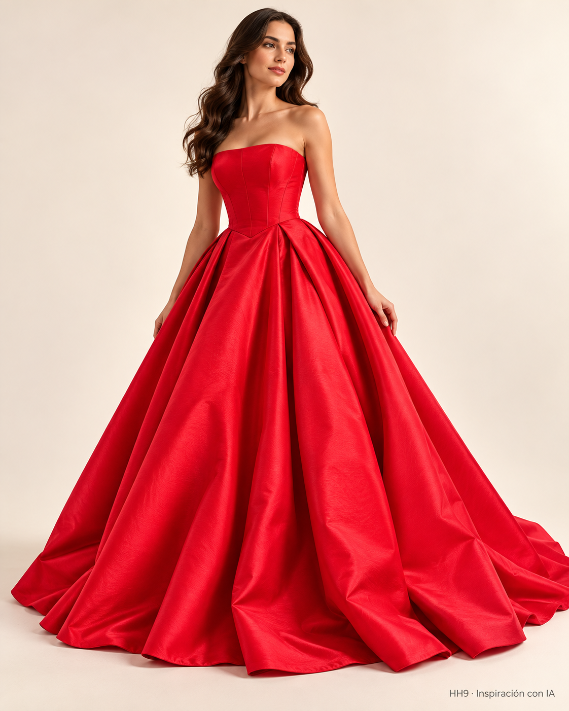 HH9: vestido de inspiración generado con IA, diseño ilustrativo basado en ROJO FIUSHA. Se vende tela por metro.