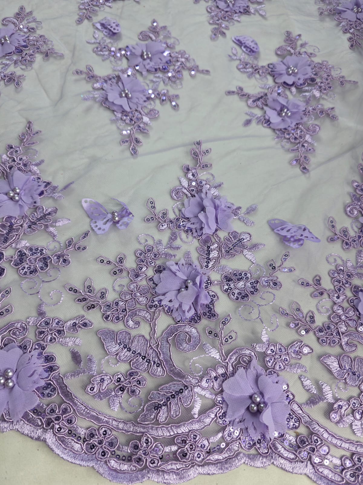 Tul Bordado Con Perlas, Lentejuelas, Mariposas y Flores 3D - HH275 – tela por metro Ceremonia Textil
