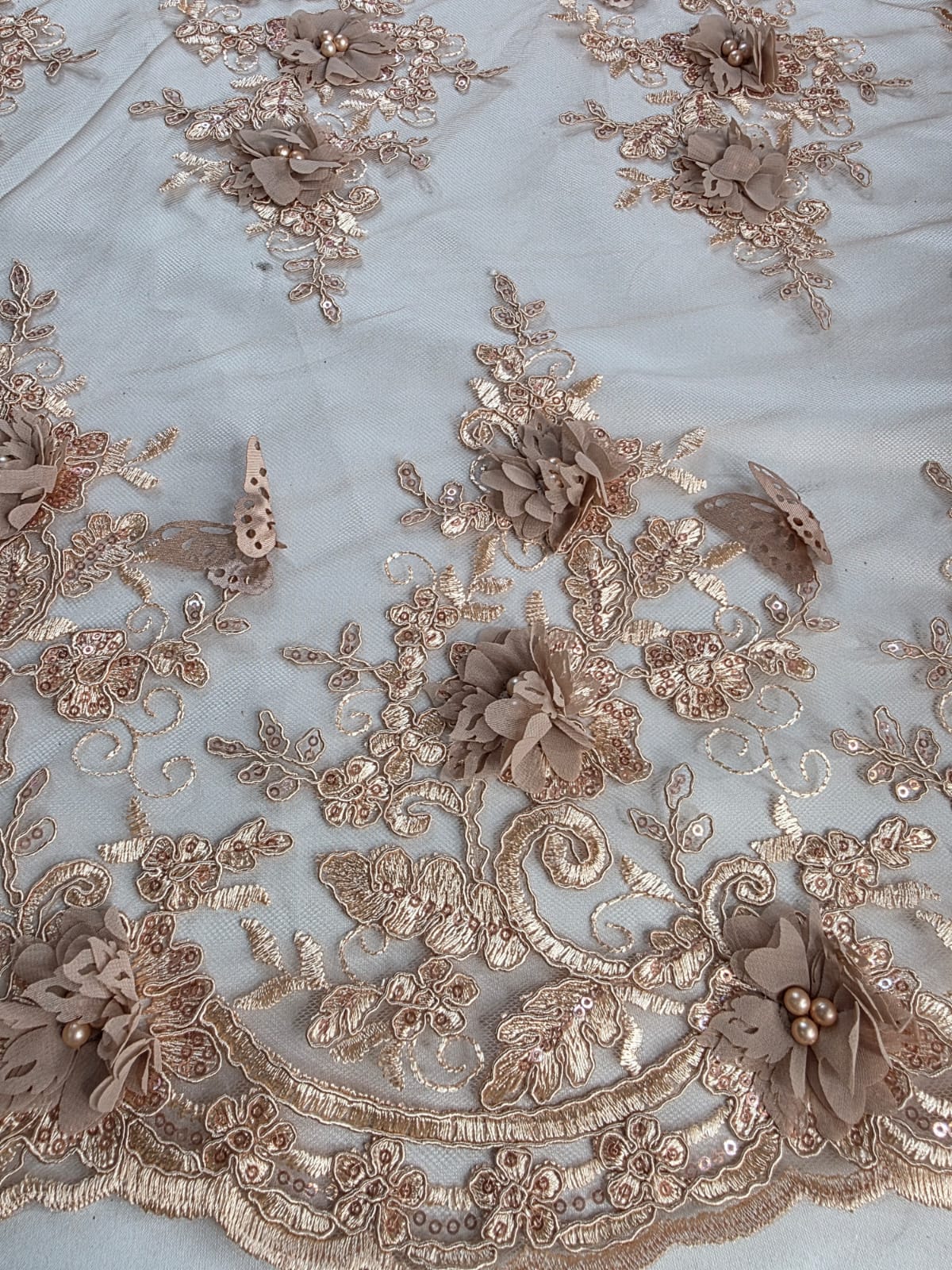 Tul Bordado Con Perlas, Lentejuelas, Mariposas y Flores 3D - HH275 – tela por metro Ceremonia Textil