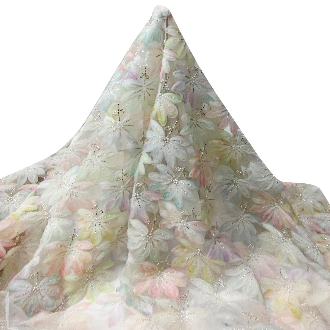 Tul Bordado Floral Con Perlas, Chaquira Y Canutillo HH028 ideal para vestidos de noche de boda y de XV años – tela por metro Ceremonia Textil