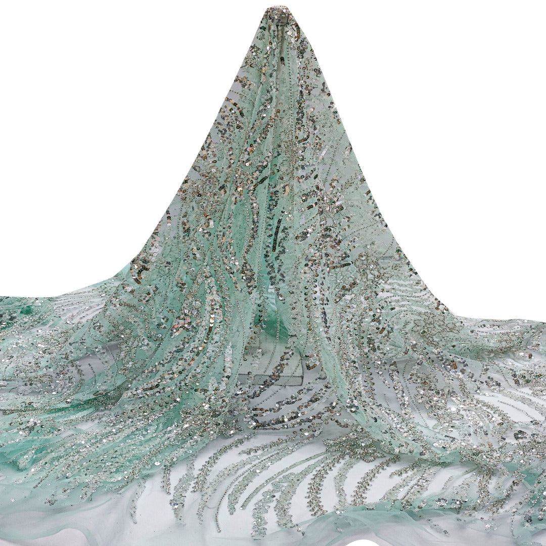 Tul Bordado Con Diseño Con Lentejuela Y Chaquira Color Menta- HH043 ideal para vestidos de noche de boda y de XV años – tela por metro Ceremonia Textil