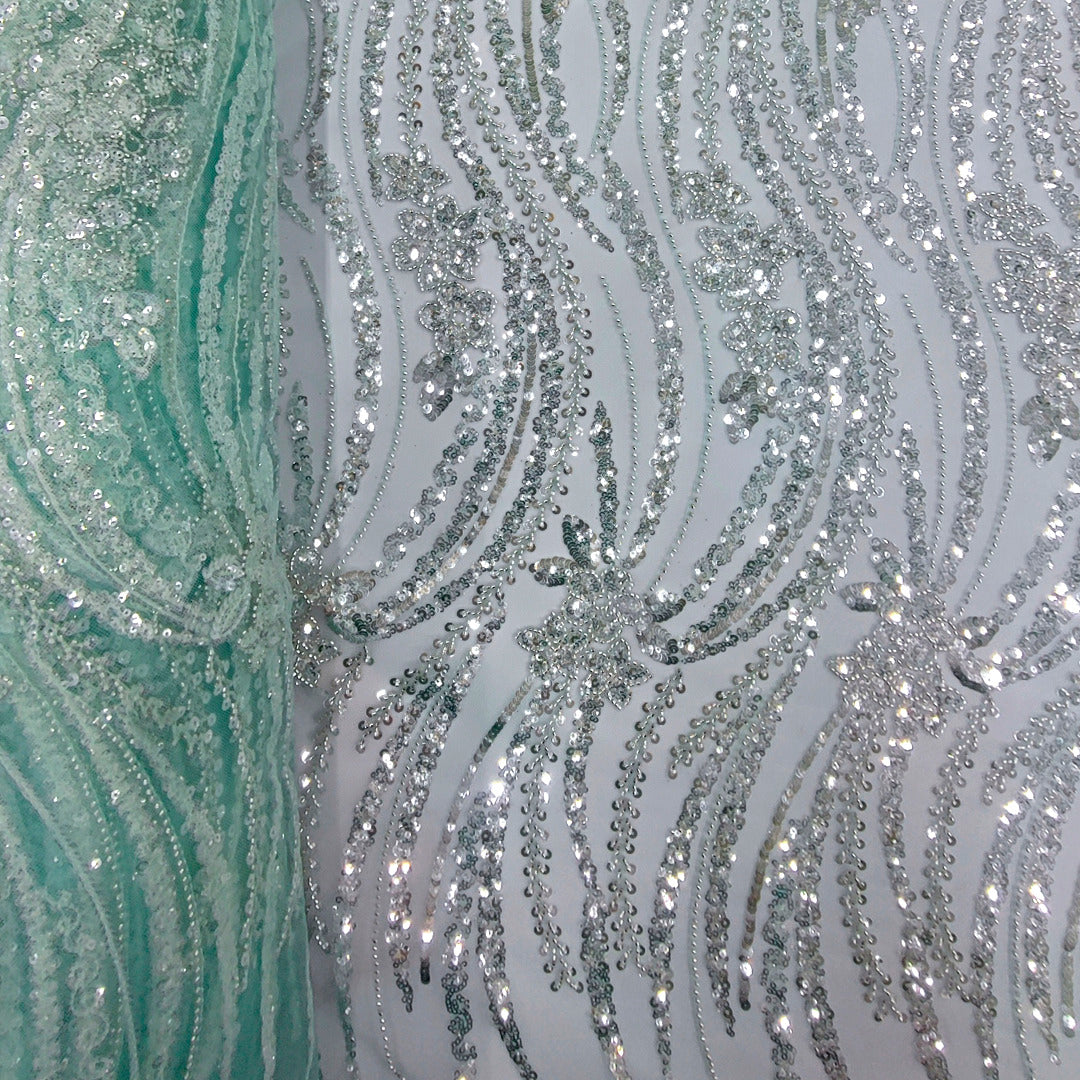 Tul Bordado Con Diseño Con Lentejuela Y Chaquira Color Menta- HH043 ideal para vestidos de noche de boda y de XV años – tela por metro Ceremonia Textil