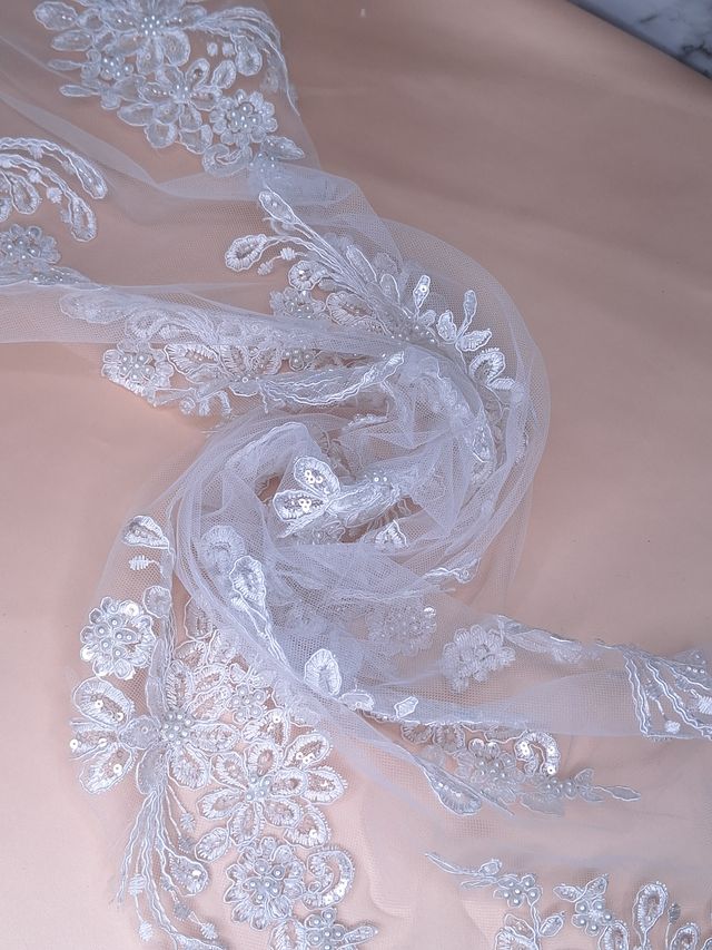 Tul bordado color blanco H017, ideal para vestidos de noche de boda y de XV años – tela por metro Ceremonia Textil