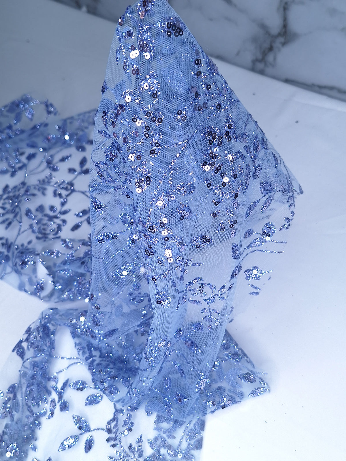 Tul bordado color azul plumbago H037, ideal para vestidos de noche de boda y de xv años – tela por metro Ceremonia Textil