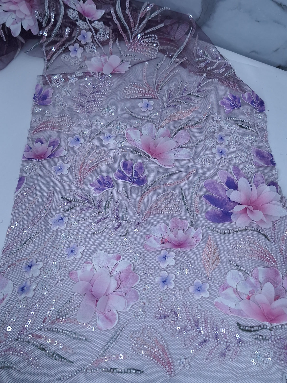 Tul bordado Con Flores 3d, Chaquira y Lentejuela H150 ideal para vestidos de noche de boda y de XV años – tela por metro Ceremonia Textil
