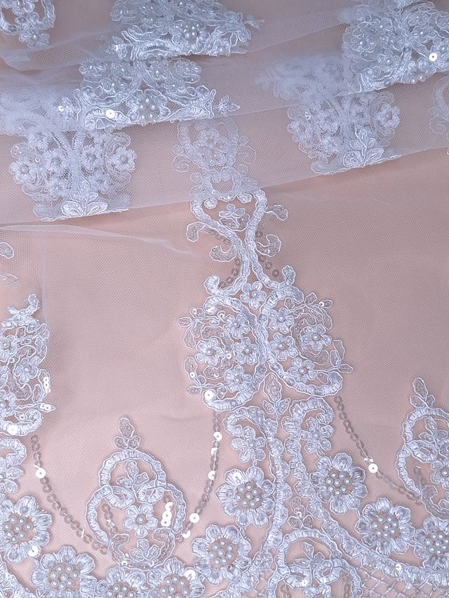 Tul bordado color blanco H018, ideal para vestidos de noche de boda y de XV años – tela por metro Ceremonia Textil