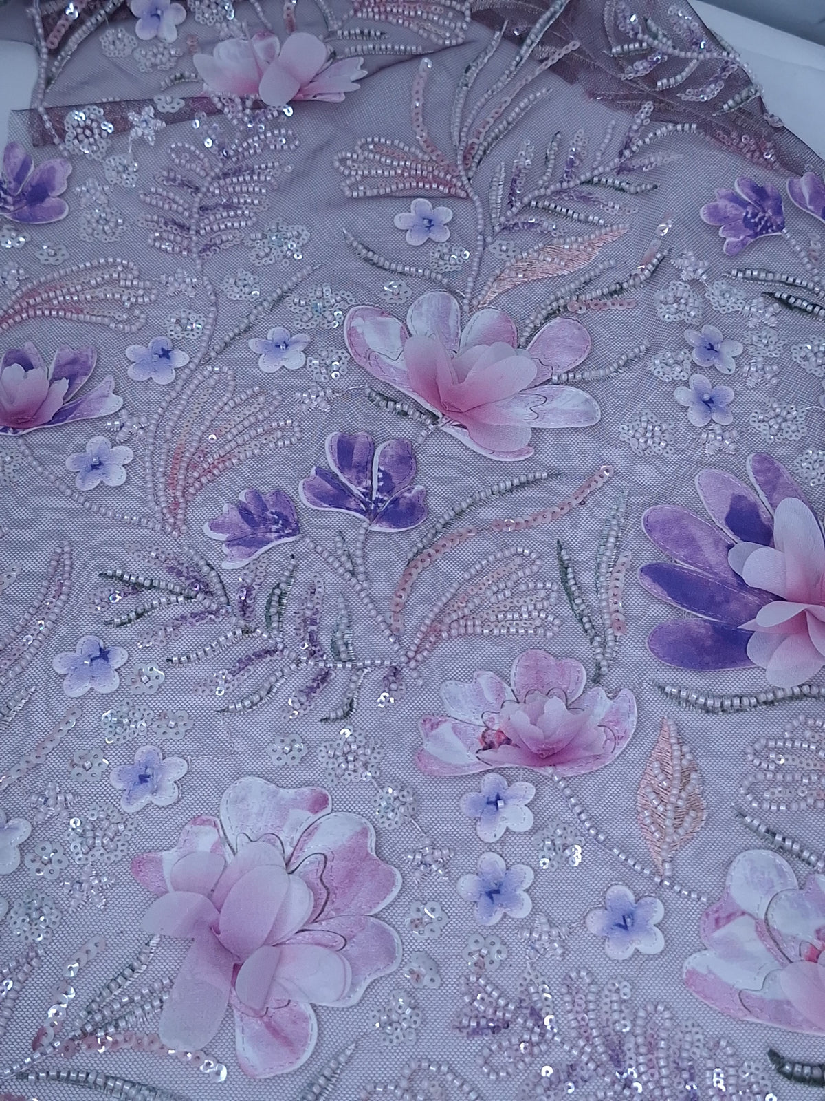 Tul bordado Con Flores 3d, Chaquira y Lentejuela H150 ideal para vestidos de noche de boda y de XV años – tela por metro Ceremonia Textil
