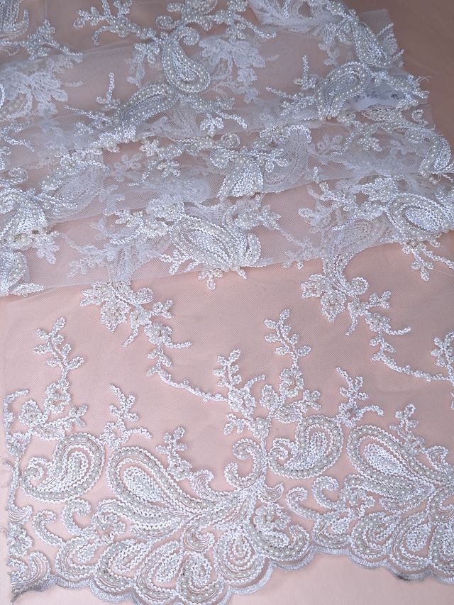 Tul bordado color hueso A884, ideal para vestidos de noche de boda y de XV años – tela por metro Ceremonia Textil