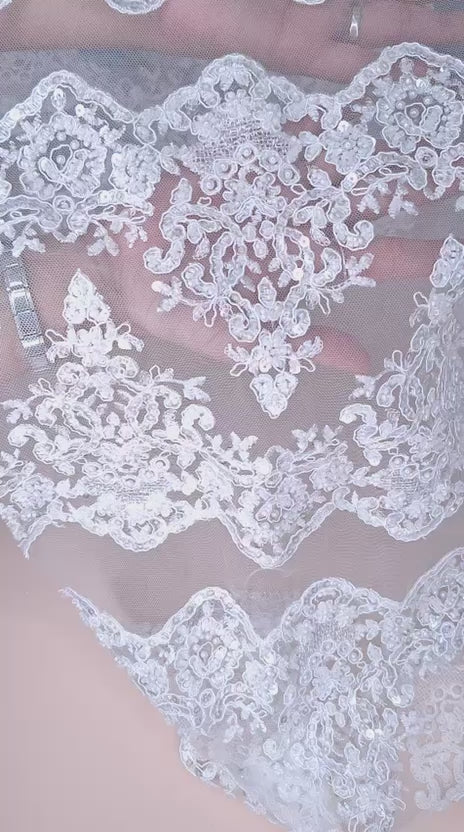 Tul bordado color blanco H204, ideal para vestidos de noche de boda y de XV años