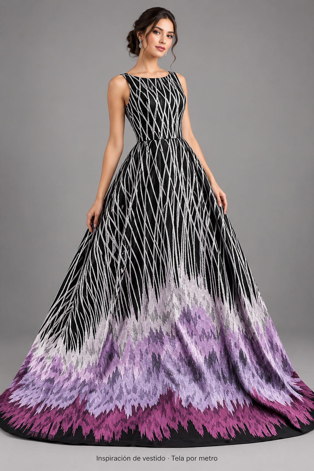 Tul bordado color morado A722, ideal para vestidos de noche de boda y de XV años · Inspiración de vestido generada con IA. Se vende tela por metro.