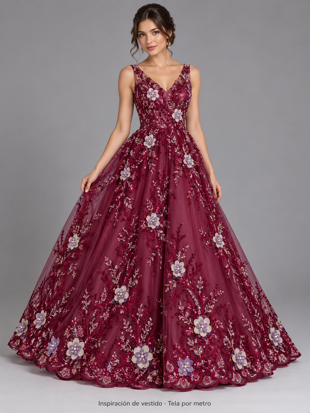 Tul bordado color morado A974, ideal para vestidos de noche de boda y de XV años · Inspiración de vestido generada con IA. Se vende tela por metro.