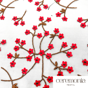 TUL BORDADO CON FLORES 3D Y LENTEJUELA ROJO CR621-03